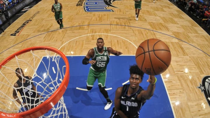ORLANDO, FL - MARCH 16: Jonathan Isaac #1 of the Orlando Magic shoots the ball against the Boston Celtics on March 16, 2018 at Amway Center in Orlando, Florida. NOTE TO USER: User expressly acknowledges and agrees that, by downloading and or using this photograph, User is consenting to the terms and conditions of the Getty Images License Agreement. Mandatory Copyright Notice: Copyright 2018 NBAE (Photo by Fernando Medina/NBAE via Getty Images)