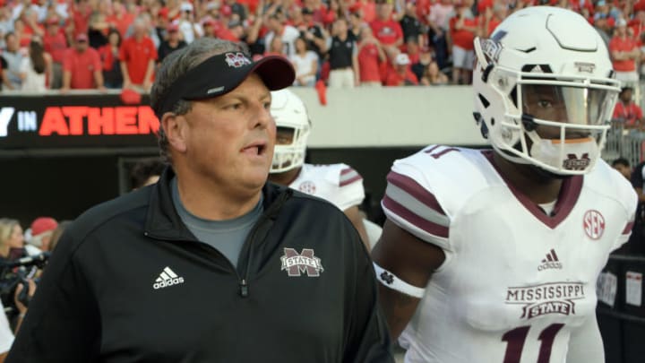 ATHENS, GA - SEPTEMBER 23: Mississippi State Bulldogs defensive coordinator Todd Grantham and Mississippi State Bulldogs linebacker Dez Harris (10) walk onto the field before the game between the Mississippi State Bulldogs and the Georgia Bulldogs on September 23, 2017, at Sanford Stadium in Athens, GA. Georgia defeated Mississippi State 31-3. (Photo by Jeffrey Vest/Icon Sportswire via Getty Images)