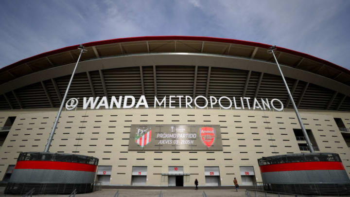 MADRID, SPAIN - MAY 02: General view outside the stadium with an advertisment for the Atletico Madrid and Arsenal match before an Arsenal Press Conference at Estadio Wanda Metropolitano on May 2, 2018 in Madrid, Spain. (Photo by Catherine Ivill/Getty Images)