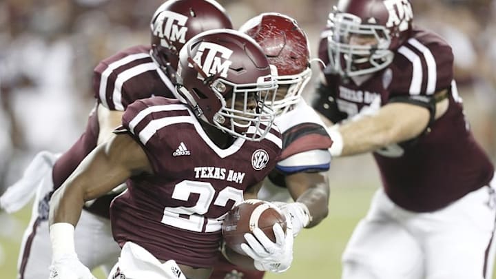 Oct 29, 2016; College Station, TX, USA; Texas A&M Aggies running back Kwame Etwi (22) carries the ball against the New Mexico State Aggies in the second half at Kyle Field. The A&M Aggies won 52-10. Mandatory Credit: Thomas B. Shea-USA TODAY Sports
