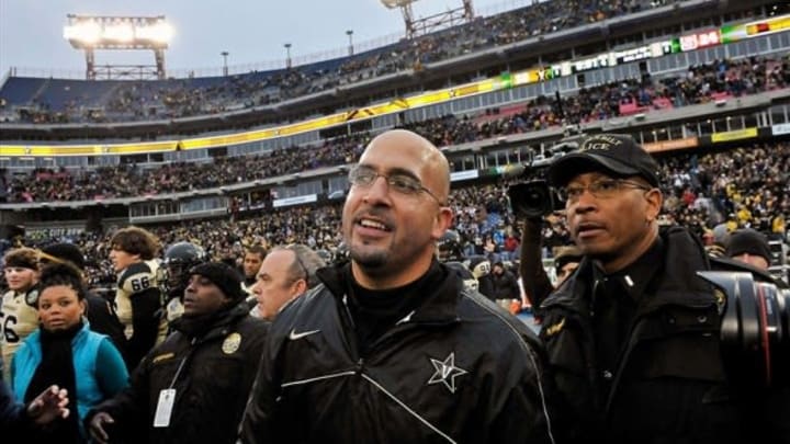 Dec 31, 2012; Nashville, TN, USA; Vanderbilt Commodores head coach James Franklin reacts after defeating the North Carolina State Wolfpack 38-24 in the Music City Bowl at LP Field. Mandatory Credit: Jim Brown-USA TODAY Sports