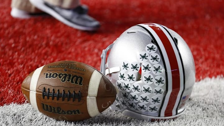 Nov 7, 2015; Columbus, OH, USA; Ohio State Buckeyes helmet prior to the game versus the Minnesota Golden Gophers at Ohio Stadium. Mandatory Credit: Joe Maiorana-USA TODAY Sports