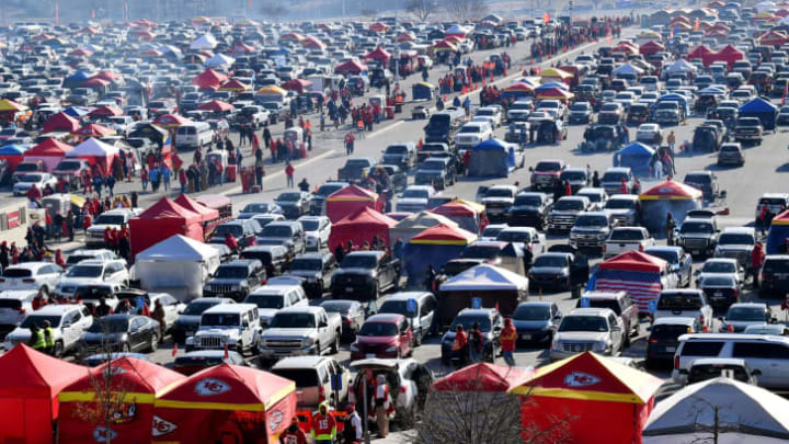 Hundreds of Chiefs fans tailgate outside Arrowhead Stadium on January 19, 2020 in Kansas City, Missouri.