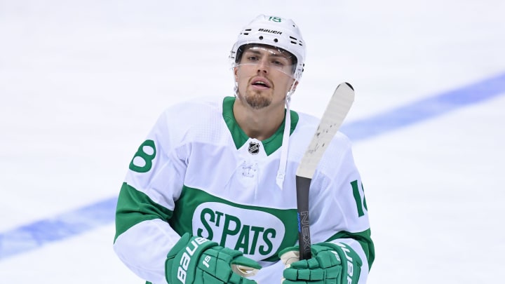 TORONTO, ON – MARCH 15: Toronto Maple Leafs Left Wing Andreas Johnsson (18) in warmups wearing the Toronto St Pats jersey prior to the regular season NHL game between the Philadelphia Flyers and Toronto Maple Leafs on March 15, 2019 at Scotiabank Arena in Toronto, ON. (Photo by Gerry Angus/Icon Sportswire via Getty Images)