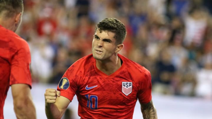 NASHVILLE, TN - JULY 03: United States midfielder Christian Pulisic (10) celebrates a second half goal during the Gold Cup semifinal between Jamaica and the United States on July 3, 2019 at Nissan Stadium in Nashville, Tennessee. (Photo by Michael Wade/Icon Sportswire via Getty Images)