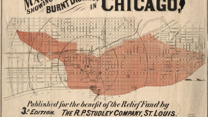 A map showing the damaged areas of Chicago following the Great Fire of 1871.
