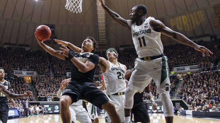 WEST LAFAYETTE, IN – FEBRUARY 18: Carsen Edwards #3 of the Purdue Boilermakers shoots the ball against Lourawls Nairn Jr. #11 of the Michigan State Spartans at Mackey Arena on February 18, 2017 in West Lafayette, Indiana. (Photo by Michael Hickey/Getty Images)