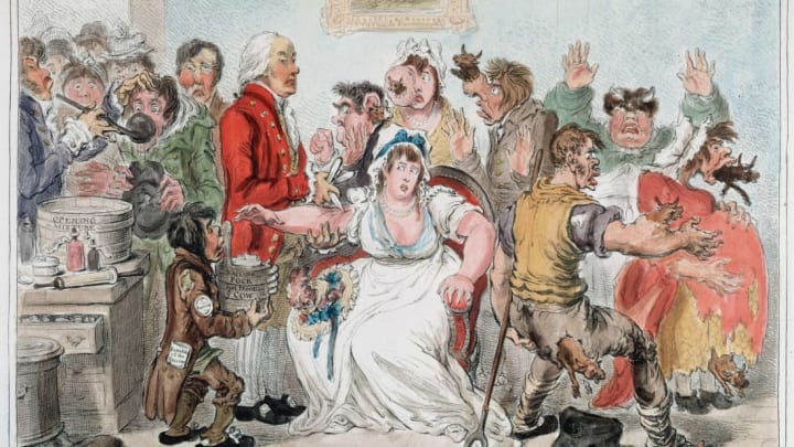 James Gillray's 1802 cartoon depicted anti-vaxxers' predictions of the smallpox vaccine's effects.