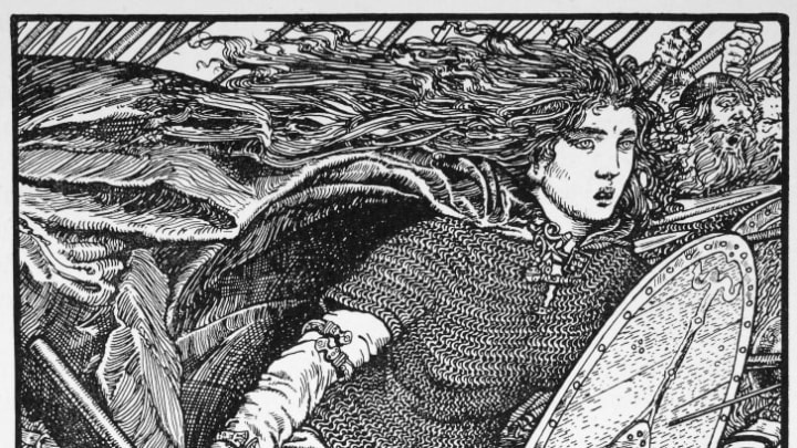 An illustration of Lathgertha, legendary Danish Viking shieldmaiden.