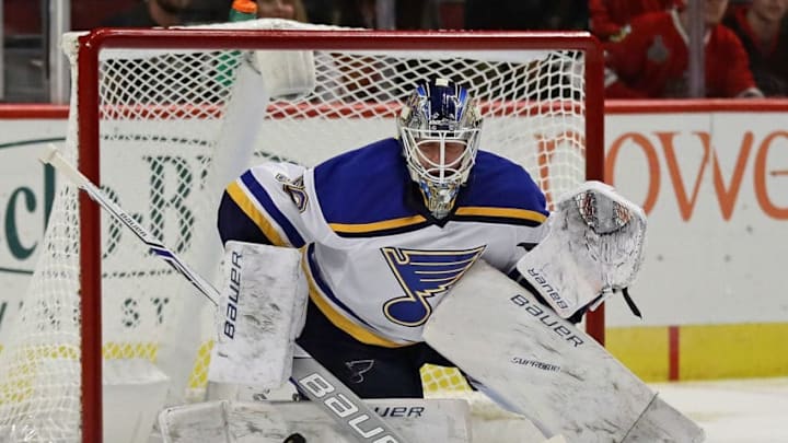 CHICAGO, IL - OCTOBER 01: Jordan Binnington #50 of the St. Louis Blues makes a save against the Chicago Blackhawks during a preseason game at the United Center on October 1, 2016 in Chicago, Illinois. The Blackhawks defeated the Blues 4-0. (Photo by Jonathan Daniel/Getty Images)