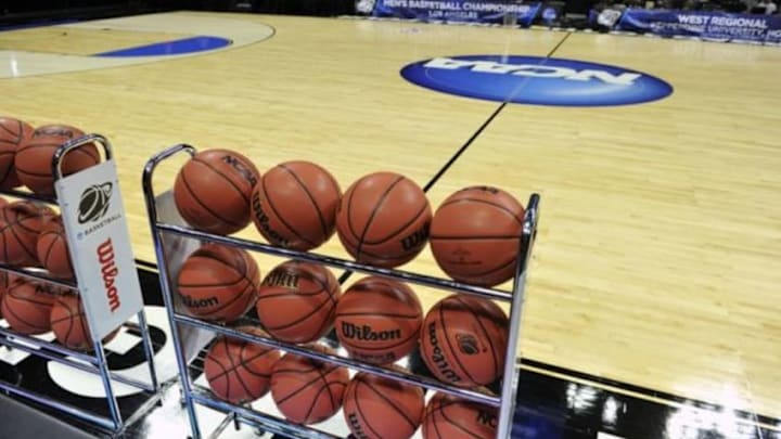 Mar 25, 2015; Los Angeles, CA, USA; General view of game balls and court for the North Carolina Tar Heels practice before the semifinal of the west regional at Staples Center. Mandatory Credit: Robert Hanashiro-USA TODAY Sports