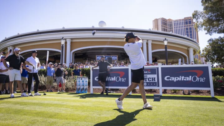 May 31, 2022; . HANDOUT PHOTO: Coverage of Capital One's The Match at the Wynn Golf Club.Patrick Mahomes hits a tee shot. Mandatory Credit: Jeremy Freeman/Turner Sports via USA TODAY Sports