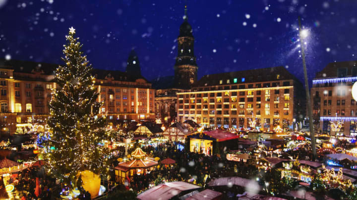 Dresden’s Christmas market in the snow.