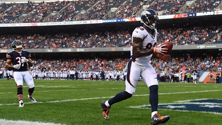 Aug 11, 2016; Chicago, IL, USA; Denver Broncos wide receiver Demaryius Thomas (88) makes a touchdown catch against the Chicago Bears during the first half at Soldier Field. Mandatory Credit: Mike DiNovo-USA TODAY Sports