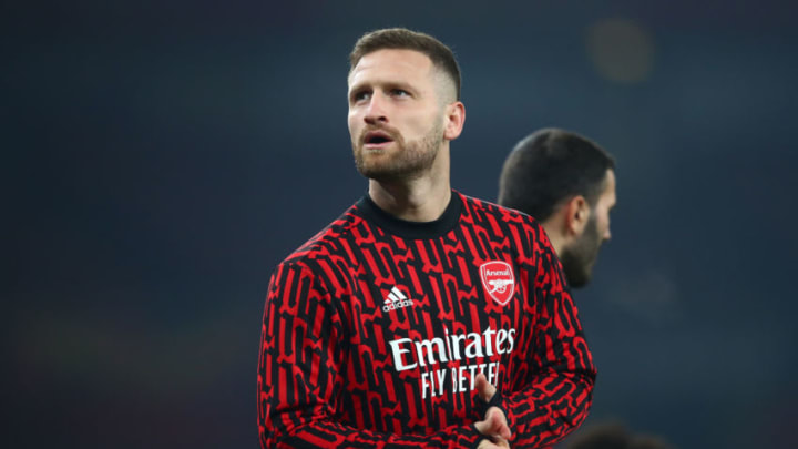 LONDON, ENGLAND - NOVEMBER 05: Shkodran Mustafi of Arsenal looks on during the warm up prior to the UEFA Europa League Group B stage match between Arsenal FC and Molde FK at Emirates Stadium on November 05, 2020 in London, England. Sporting stadiums around the UK remain under strict restrictions due to the Coronavirus Pandemic as Government social distancing laws prohibit fans inside venues resulting in games being played behind closed doors. (Photo by Marc Atkins/Getty Images)