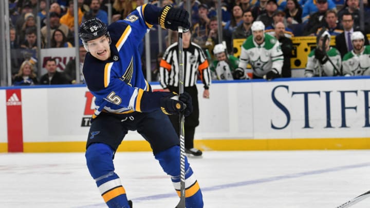 ST. LOUIS, MO - DECEMBER 07: St. Louis Blues defenseman Colton Parayko (55) passes the puck during a NHL game between the Dallas Stars and the St. Louis Blues on December 07, 2017, at Scottrade Center, St. Louis, MO. (Photo by Keith Gillett/Icon Sportswire via Getty Images)