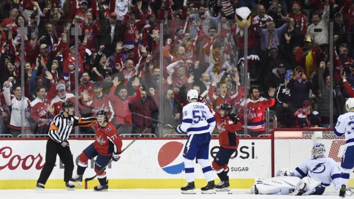 WASHINGTON, DC - MARCH 20: T.J. Oshie #77 of the Washington Capitals celebrates after scoring a second period goal against the Tampa Bay Lightning at Capital One Arena on March 20, 2019 in Washington, DC. (Photo by Patrick McDermott/NHLI via Getty Images)