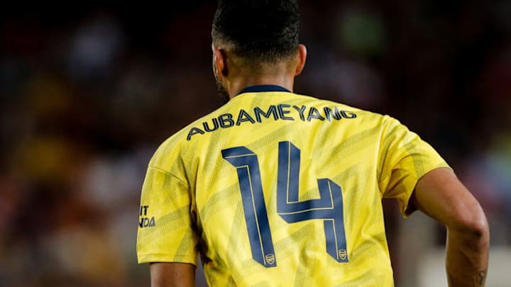 BARCELONA, SPAIN - AUGUST 4: Pierre Emerick Aubameyang of Arsenal during the Club Friendly match between FC Barcelona v Arsenal at the Camp Nou on August 4, 2019 in Barcelona Spain (Photo by Erwin Spek/Soccrates/Getty Images)