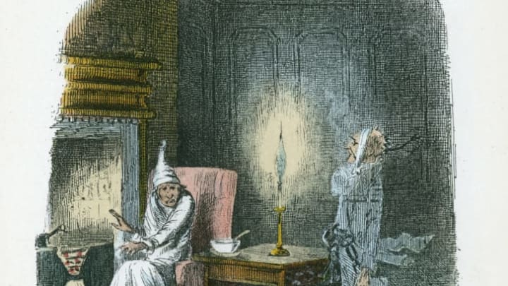 Scrooge is visited by Marley's ghost in this 1843 illustration by John Leech.