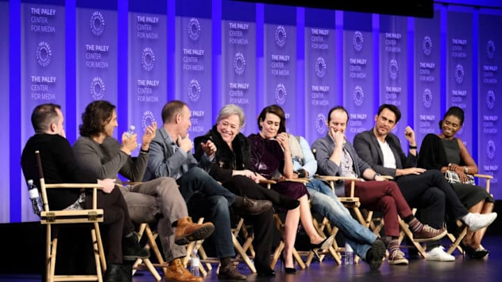 HOLLYWOOD, CA - MARCH 26: Tim Stack, Brad Falchuk, Tim Minear, Kathy Bates, Sarah Paulson, Cuba Gooding Jr., Denis O'Hare, Cheyenne Jackson and Adina Porter attend The Paley Center For Media's 34th Annual PaleyFest Los Angeles 'American Horror Story 'Roanoke' screening and panel at Dolby Theatre on March 26, 2017 in Hollywood, California. (Photo by Frazer Harrison/Getty Images)