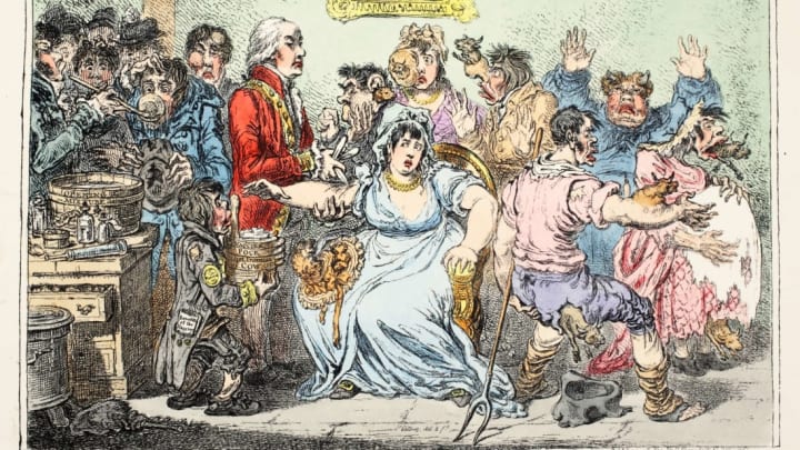 An 1802 cartoon by James Gillray illustrating some of the alleged "side effects" of the smallpox vaccine. An 1802 cartoon by James Gillray illustrating some of the alleged "side effects" of the smallpox vaccine.