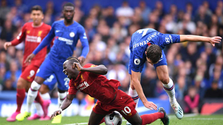 LONDON, ENGLAND - SEPTEMBER 22: Sadio Mane of Liverpool is fouled by Andreas Christensen of Chelsea leading to a free kick from which Liverpool scored during the Premier League match between Chelsea FC and Liverpool FC at Stamford Bridge on September 22, 2019 in London, United Kingdom. (Photo by Laurence Griffiths/Getty Images)
