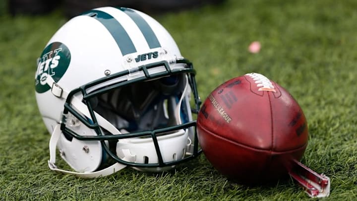 Jan 3, 2016; Orchard Park, NY, USA; A general view of a New York Jets helmet and an NFL football during the game between the Buffalo Bills and the New York Jets at Ralph Wilson Stadium. Mandatory Credit: Kevin Hoffman-USA TODAY Sports