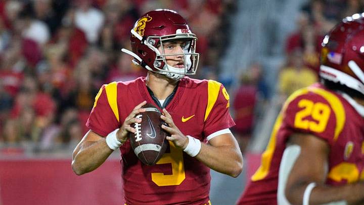 LOS ANGELES, CA - SEPTEMBER 07: USC (9) Kedon Slovis (QB) drops back to pass during college football game between the Stanford Cardinal and the USC Trojans on September 7, 2019, at Los Angeles Memorial Coliseum in Los Angeles, CA. (Photo by Brian Rothmuller/Icon Sportswire via Getty Images)