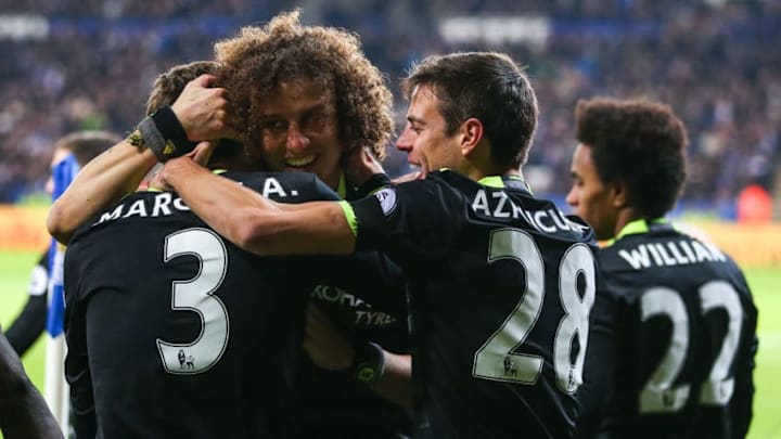 LEICESTER, ENGLAND - JANUARY 14: Marcos Alonso of Chelsea celebrates after scoring a goal to make it 0-2 during the Premier League match between Leicester City and Chelsea at The King Power Stadium on January 14, 2017 in Leicester, England. (Photo by Robbie Jay Barratt - AMA/Getty Images)