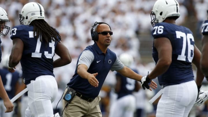 STATE COLLEGE, PA - SEPTEMBER 17: James Franklin of the Penn State Nittany Lions celebrates after a 52 yard touchdown pass in the first half during the game against the Temple Owls on September 17, 2016 at Beaver Stadium in State College, Pennsylvania. (Photo by Justin K. Aller/Getty Images)