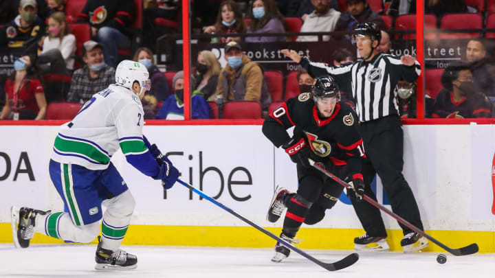 OTTAWA, ONTARIO – DECEMBER 01: Alex Formenton #10 of the Ottawa Senators skates with the puck as Luke Schenn #2 of the Vancouver Canucks pursues the play during the second period at Canadian Tire Centre on December 01, 2021 in Ottawa, Ontario. (Photo by Chris Tanouye/Getty Images)
