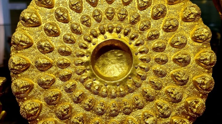 The Panagyurishte Treasure's gold phiale is on display in a Bulgarian museum.