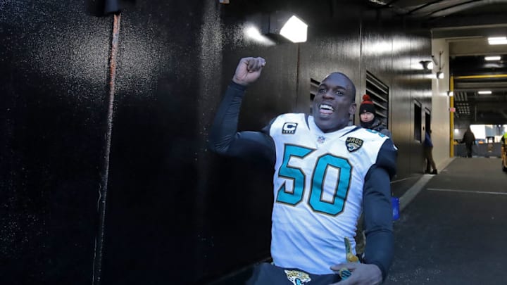 PITTSBURGH, PA - JANUARY 14: Telvin Smith #50 of the Jacksonville Jaguars reacts as he walks off the field at the conclusion of the Jacksonville Jaguars 45-42 win over the Pittsburgh Steelers in the AFC Divisional Playoff game at Heinz Field on January 14, 2018 in Pittsburgh, Pennsylvania. (Photo by Brett Carlsen/Getty Images)