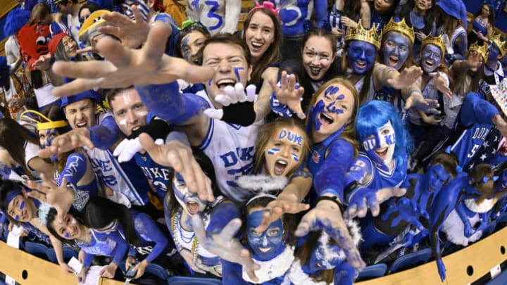 DURHAM, NORTH CAROLINA - MARCH 07: The Cameron Crazies cheer during the game between the Duke Blue Devils and the North Carolina Tar Heels at Cameron Indoor Stadium on March 07, 2020 in Durham, North Carolina. (Photo by Grant Halverson/Getty Images)