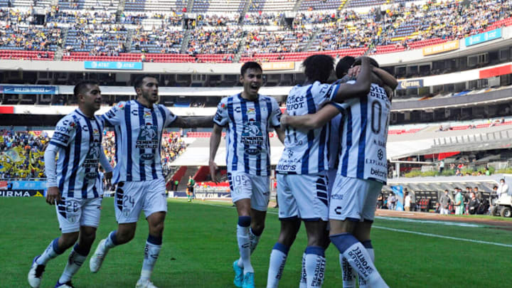 Pachuca player celebrate after Nocolás Ibáñez scored against America in the Tuzos' 3-1 win over the Aguilas. (Photo by CLAUDIO CRUZ/AFP via Getty Images)