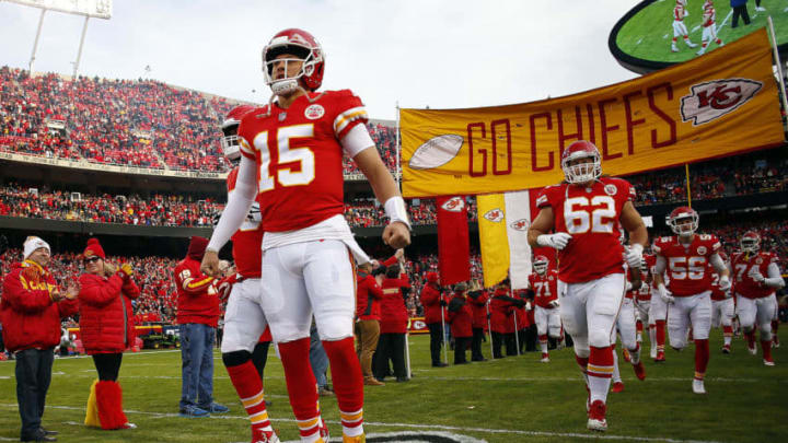 KANSAS CITY, MISSOURI - DECEMBER 30: Quarterback Patrick Mahomes #15 of the Kansas City Chiefs during player introductions prior to the game against the Oakland Raiders at Arrowhead Stadium on December 30, 2018 in Kansas City, Missouri. (Photo by Jamie Squire/Getty Images)