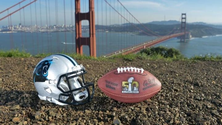 Feb 5, 2016; San Francisco, CA, USA; General view of Carolina Panthers helmet and NFL Super Bowl 50 logo helmet at the Golden Gate bridge. Mandatory Credit: Kirby Lee-USA TODAY Sports