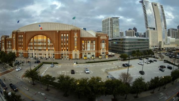Feb 20, 2016; Dallas, TX, USA; A view of the arena and downtown Dallas before the game between the Dallas Stars and the Boston Bruins at the American Airlines Center. Mandatory Credit: Jerome Miron-USA TODAY Sports