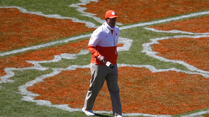 CLEMSON, SC - APRIL 03: Head coach Dabo Swinney of the Clemson Tigers watches on during the second half of the Clemson Orange and White Spring Game at Memorial Stadium on April 3, 2021 in Clemson, South Carolina. (Photo by Todd Kirkland/Getty Images)