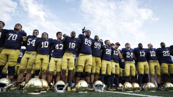 SOUTH BEND, IN - SEPTEMBER 02: Notre Dame Fighting Irish players celebrate following a game against the Temple Owls at Notre Dame Stadium on September 2, 2017 in South Bend, Indiana. The Irish won 49-16. (Photo by Joe Robbins/Getty Images)