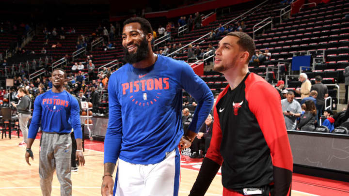 DETROIT, MI - MARCH 10: Andre Drummond #0 of the Detroit Pistons and Zach LaVine #8 of the Chicago Bulls warm up before the game on March 10, 2019 at Little Caesars Arena in Detroit, Michigan. NOTE TO USER: User expressly acknowledges and agrees that, by downloading and/or using this photograph, User is consenting to the terms and conditions of the Getty Images License Agreement. Mandatory Copyright Notice: Copyright 2019 NBAE (Photo by Chris Schwegler/NBAE via Getty Images)