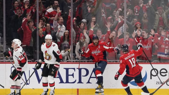 WASHINGTON, DC - JANUARY 07: Alex Ovechkin #8 of the Washington Capitals celebrates with Nicklas Backstrom #19 after scoring a goal in the second period against the Ottawa Senators at Capital One Arena on January 7, 2020 in Washington, DC. (Photo by Patrick McDermott/NHLI via Getty Images)