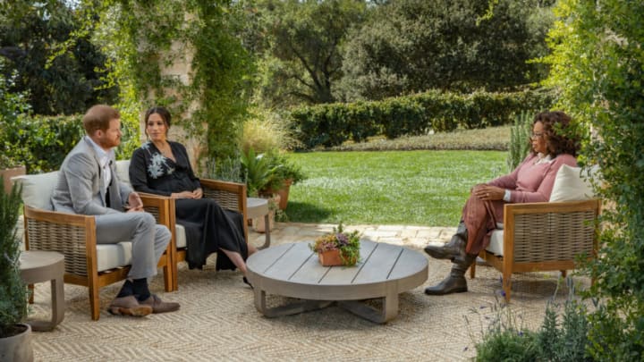 UNSPECIFIED - UNSPECIFIED: In this handout image provided by Harpo Productions and released on March 5, 2021, Oprah Winfrey interviews Prince Harry and Meghan Markle on A CBS Primetime Special premiering on CBS on March 7, 2021. (Photo by Harpo Productions/Joe Pugliese via Getty Images)