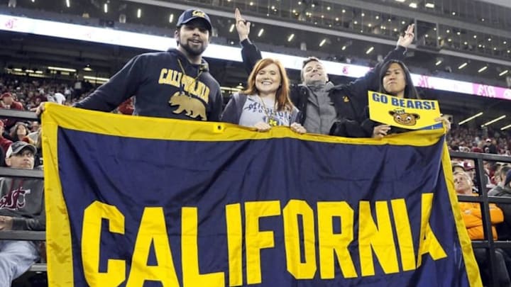 Oct 4, 2014; Pullman, WA, USA; California Golden Bears fans hold up a banner during a game against the Washington State Cougars during the second half at Martin Stadium. The Bear beat the Cougars 60-59. Mandatory Credit: James Snook-USA TODAY Sports