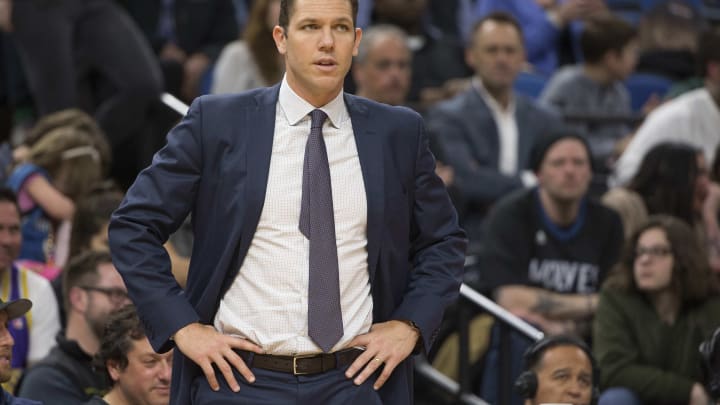 Mar 30, 2017; Minneapolis, MN, USA; Los Angeles Lakers head coach Luke Walton looks on during the second half against the Minnesota Timberwolves at Target Center. The Timberwolves won 119-104. Mandatory Credit: Jesse Johnson-USA TODAY Sports