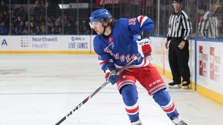 NEW YORK, NY - OCTOBER 12: Artemi Panarin #10 of the New York Rangers skates with the puck against the Edmonton Oilers at Madison Square Garden on October 12, 2019 in New York City. (Photo by Jared Silber/NHLI via Getty Images)