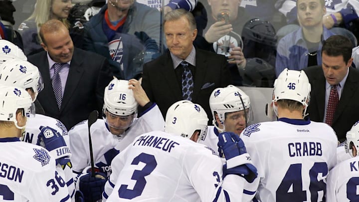 WINNIPEG, CANADA – DECEMBER 31: Toronto Maple Leafs’ head coach Ron Wilson watches from the bench. (Photo by Marianne Helm/Getty Images)