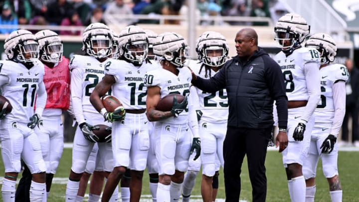 Apr 16, 2022; East Lansing, Michigan, USA; Michigan State University Spartans head coach Mel Tucker works with his defense at Spartan Stadium. Mandatory Credit: Dale Young-USA TODAY Sports