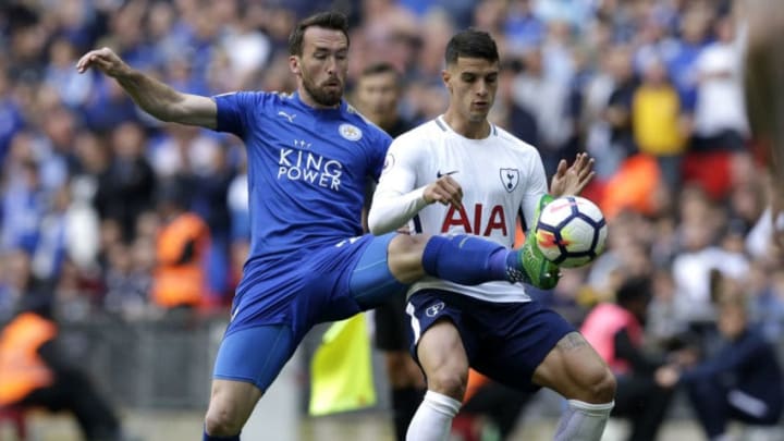 LONDON, ENGLAND – MAY 13: Christian Fuchs of Leicester City battles for possession with Erik Lamela of Tottenham Hotspur during the Premier League match between Tottenham Hotspur and Leicester City at Wembley Stadium on May 13, 2018 in London, England. (Photo by Henry Browne/Getty Images)