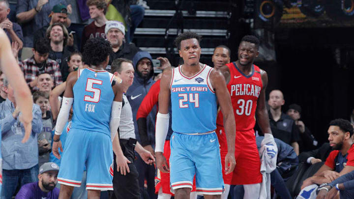 SACRAMENTO, CA - DECEMBER 23: Buddy Hield #24 of the Sacramento Kings reacts during the game against the New Orleans Pelicans on December 23, 2018 at Golden 1 Center in Sacramento, California. NOTE TO USER: User expressly acknowledges and agrees that, by downloading and or using this photograph, User is consenting to the terms and conditions of the Getty Images Agreement. Mandatory Copyright Notice: Copyright 2018 NBAE (Photo by Rocky Widner/NBAE via Getty Images)